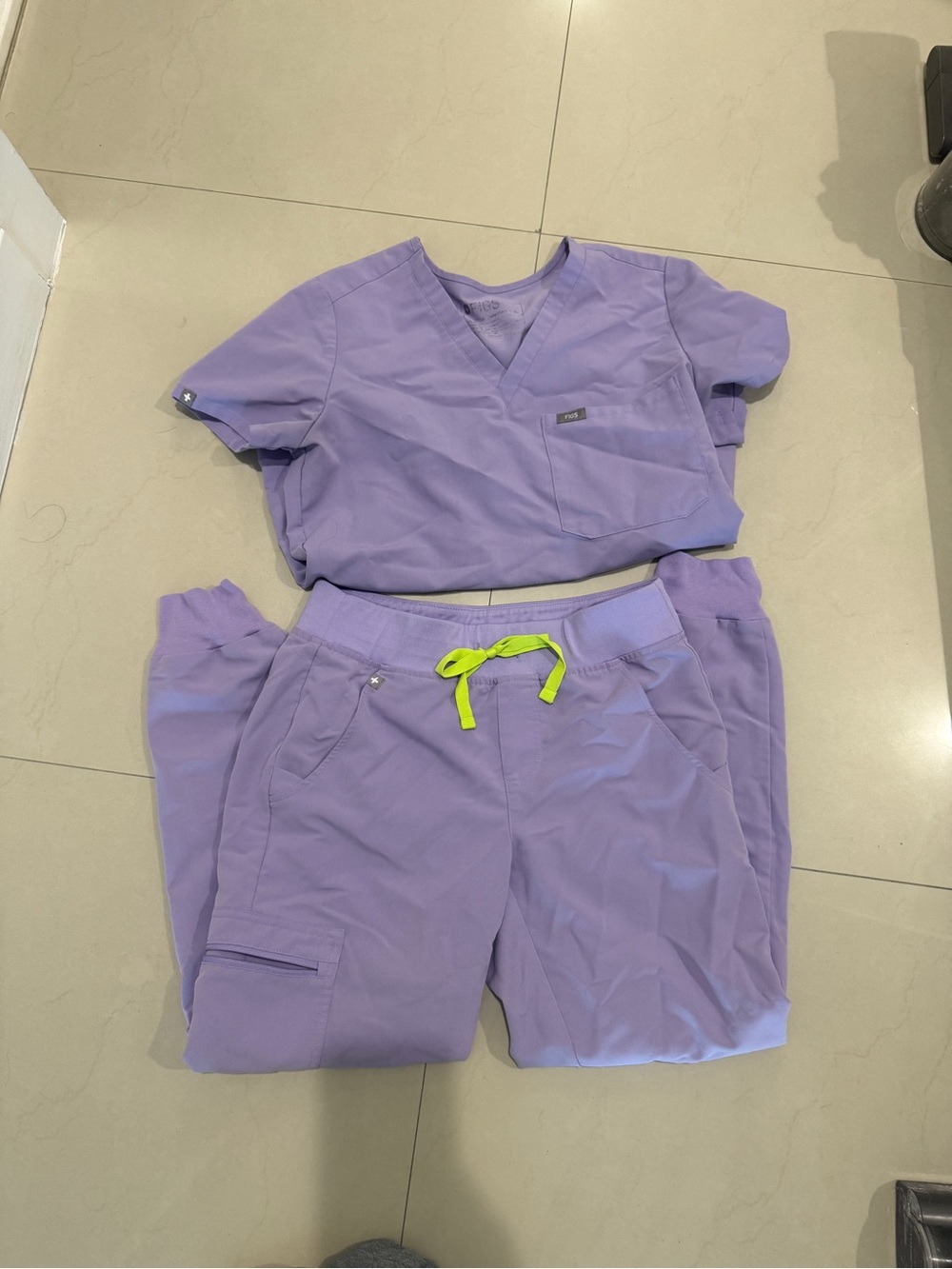 Figs Women's Lavender Scrub Set with Neon Green Drawstring - Pants & Top
